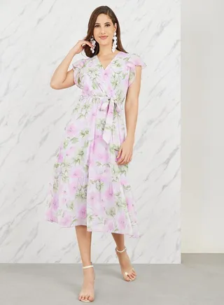 Frill Sleeve Floral A-Line Midi Dress 