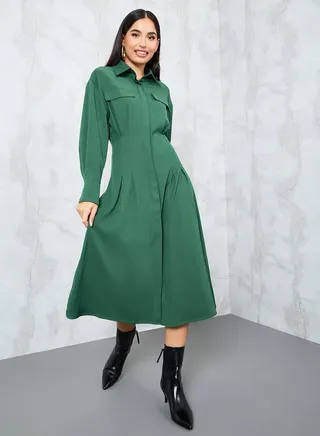 Collared Shirt Midi Dress with Concealed Placket 