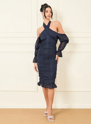 Ruched Detail Tie Up Neck Bodycon Midi Dress 