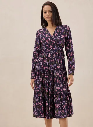 Floral Print Wrap Midi Dress 