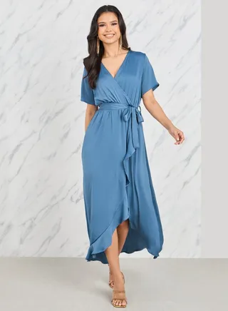 Ruffle Asymmetric Hem Wrap Midi Dress 
