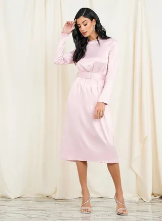 Satin Embellished Buckle Belted Shift Midi Dress 