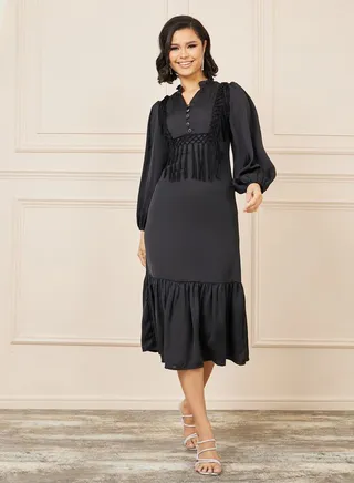 Tassel Detail Notch Neck A-line Midi Dress 