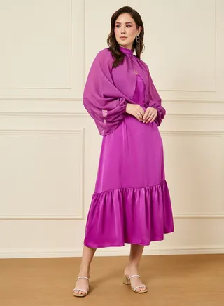 High Neck Cape Sleeve A-Line Midi Dress 