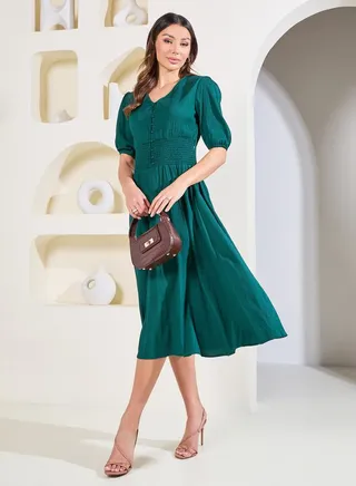 Smocked Detail Textured A-Line Midi Dress 