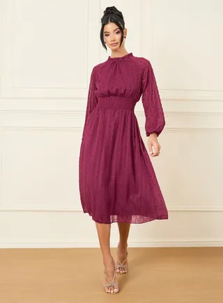 Dobby High Neck Smocked Detail Midi Dress 