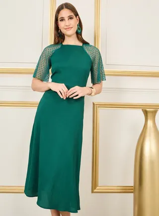 Spot Mesh Sleeves Crepe A-Line Midi Dress 