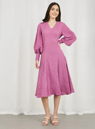Shirred Textured A-Line Midi Dress