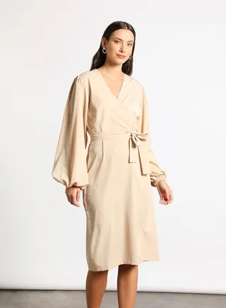 Women's Casual V-Neck Solid Design Long Sleeve Maxi Dress 4-Nude 