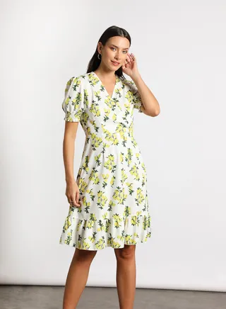 Women's Casual V-Neck Floral Print Short Sleeve Maxi Dress 1-White/Yellow/Green 