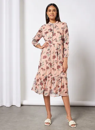 Floral Print Tiered Dress Light Pink 