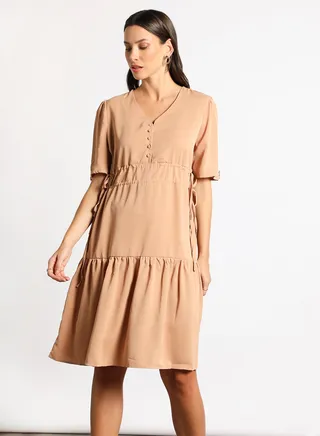 Women's Casual V-Neck Solid Design Short Sleeve Midi Dress Beige 