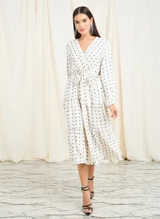A-line Dobby Dress with Tie-up Detail 