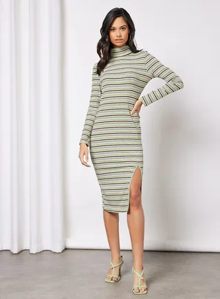 Casual Polyester Long Sleeve Bodycon Midi Dress With Turtle Neck High Slit Hem Stripes Pattern 4 Green Stp 