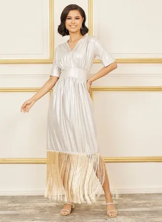 Shiny Tassel Hem A-Line Midi Dress 