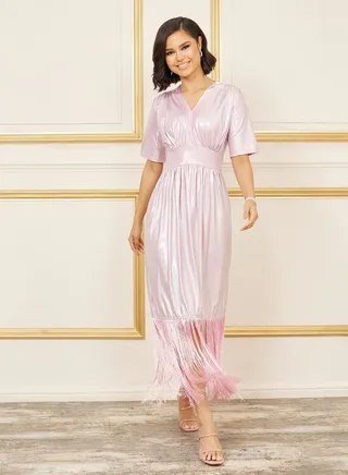 Shiny Tassel Hem A-Line Midi Dress 