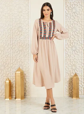 Embroidered Tie Up Neck A-Line Shift Midi Dress 