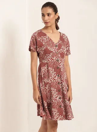Floral Print Short Sleeves Dress Red/White 