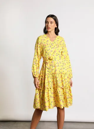 Women's Casual V-Neck Floral Print Long Sleeve Maxi Dress Yellow Floral Print 