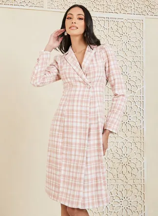 Checked Single Breasted Blazer Midi Dress 