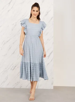 Ruffle Detail Square Neck A-Line Midi Dress 