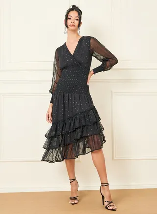 Metallic Dobby Smocked Waist Ruffle Hem Midi Dress 