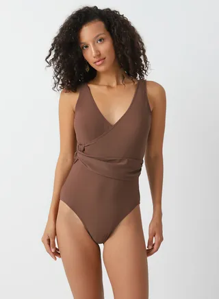 Women's Nylon One-piece swimsuit with a belt Slim Fit Brown 