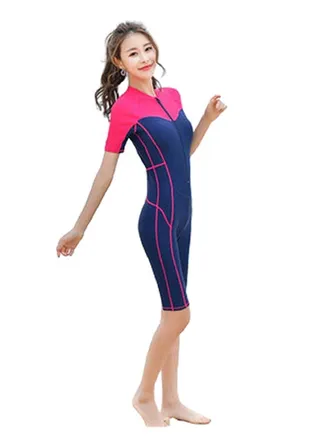 Colourblock Pattern Short Sleeve Swimwear One Piece Blue/Pink 