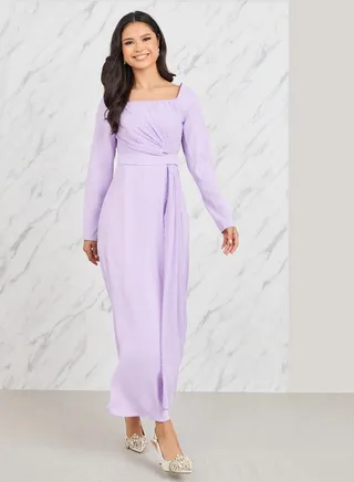 Dobby Detail Square Neck A-Line Midi Dress 