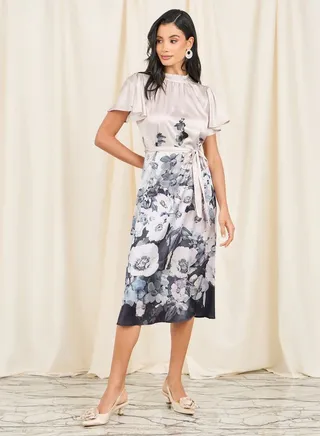 Satin Printed High Neck Self Tie Up Midi Dress