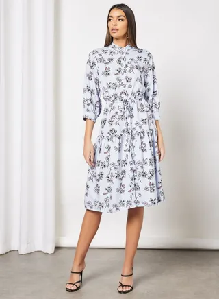 All Over Print Self Tie Casual Dress Light Blue 