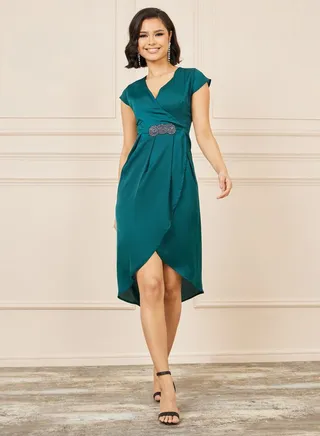 Embellished Box Pleat Asymmetric Hem A-Line Dress 