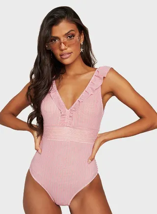 Ruffle Detail Plunge Neck Swimsuit Pink/White 