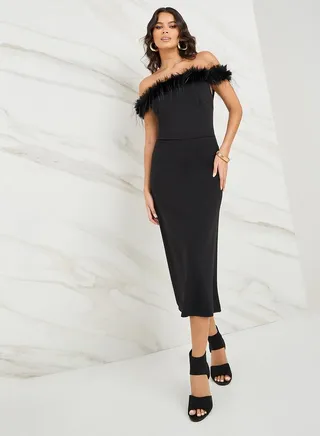 Off Shoulder Faux Fur Trim Midi Dress 