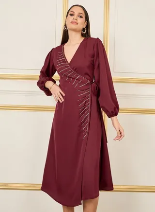 Beaded Detail A-Line Wrap Midi Dress 
