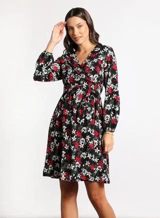 Women's Casual V-Neck Floral Print Long Sleeve Maxi Dress 1-Blackprint 