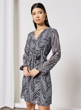 Zebra Print Wrap Dress Grey 