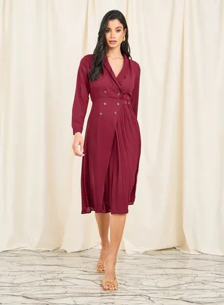 Pleated Button Detail Wrap Blazer Midi Dress 