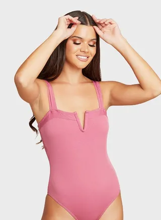 V Wire Wide Strap Rib Swimsuit Pink 