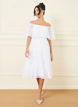 Dobby Off Shoulder Cape Sleeves Tiered Midi Dress 