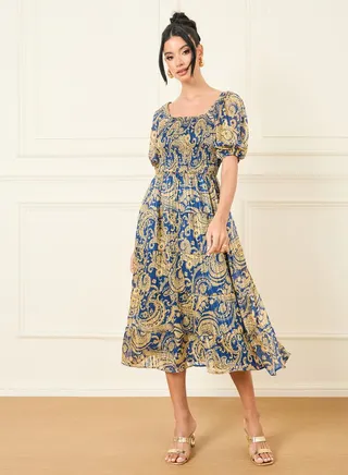Paisley Print Smocked Pleated Tiered Midi Dress
