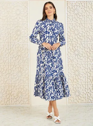 Geometric Print A-Line Shirt Midi Dress