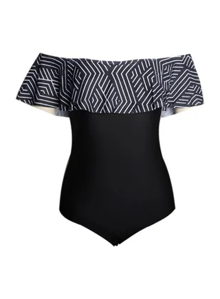 Ruffled Hem Off Shoulder Swimsuit Black/White 