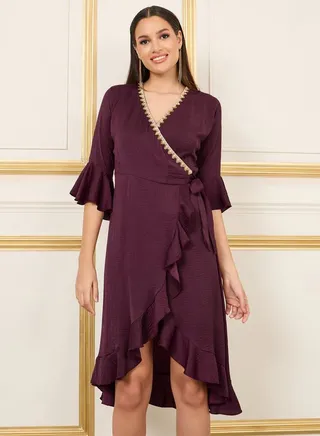 Embroidered Lace Trim Ruffle Hem Wrap Midi Dress 