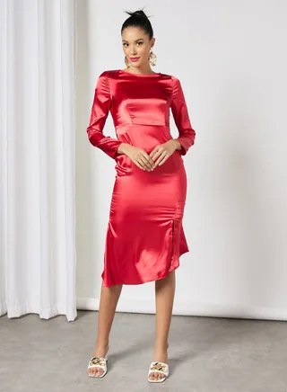 Women's Casual Satin Design Long Sleeve Maxi Dress Red 