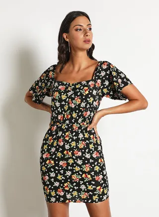 Women'S Casual Mini Short Sleeve Round Neck Floral Dress Black 