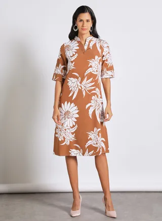Half Sleeve Mandarin Collar Printed Dress Brown/White 