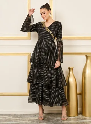 Beaded Detail Bell Layered Tiered Maxi Dress 