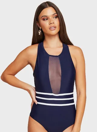 Mesh Insert Stripe Waist Swimsuit Navy Blue/White 
