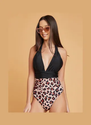 Colourblock Leopard Print Tie Neck Swimsuit Multicolour 